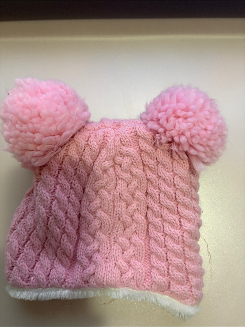 Children's Pink Cable-Knit Hat with Double Pom-Poms